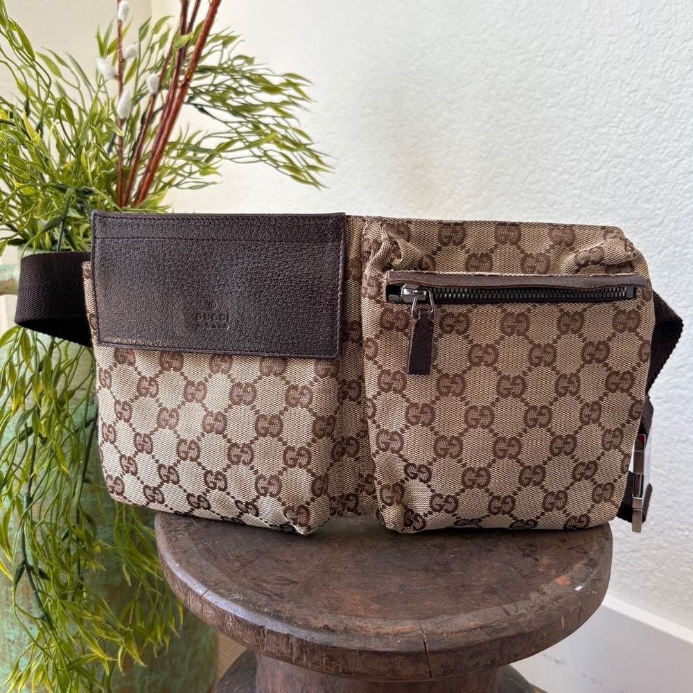 GUCCI Monogram Canvas Double Pocket Belt Bag - Good Condition